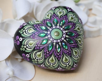 Mandala heart with rhinestones, artificial stone with rhinestones, decoration, gift, mandala stone, rock painting, dot painting, dot art