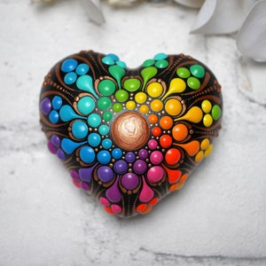 Mandala stone heart rainbow hand-painted, painted stones, decoration, dot art heart image 3