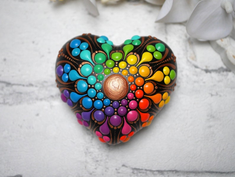 Mandala stone heart rainbow hand-painted, painted stones, decoration, dot art heart image 3