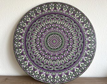 Original Mandala Wall Art Acrylic Painting 75 cm on Wood Wall Art Purple-Green Meditative Art Harmonious