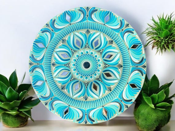 35cm Mandala Holz Leinwand mit Spiegeln Acrylmalerei | Wandbehang handbemalt | Wanddekoration | Meditation | Mandalakunst auf Holz