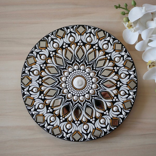 Mini mandala sur bois 20 cm avec miroirs en mosaïque | Tenture murale | Décor mural Dot Mandala | Bois de mandala | Décoration | méditation