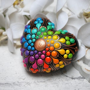 Mandala stone heart rainbow hand-painted, painted stones, decoration, dot art heart image 4