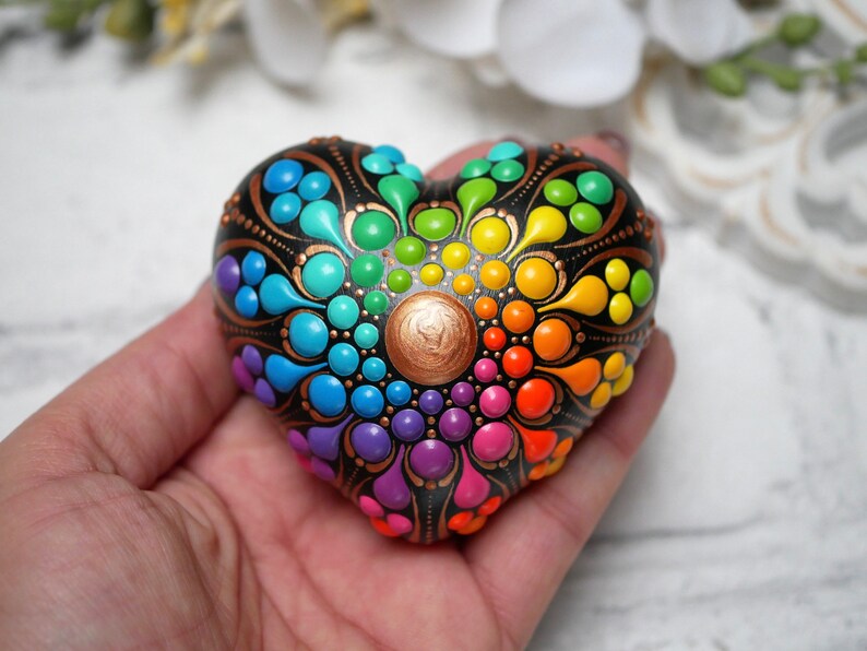 Mandala stone heart rainbow hand-painted, painted stones, decoration, dot art heart image 5