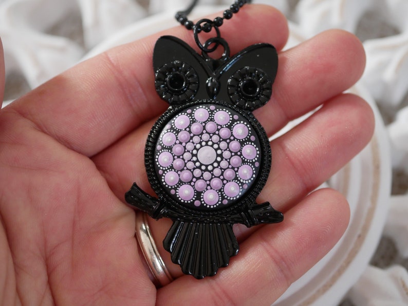 mandala dotpainting unique jewelry Handpainted chain pendant owl gift