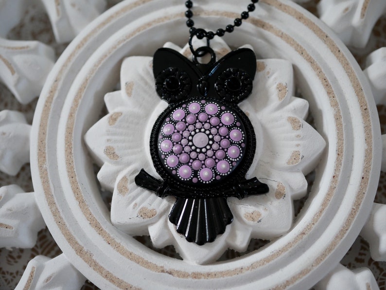 mandala dotpainting unique jewelry Handpainted chain pendant owl gift