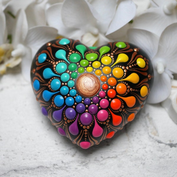 Mandala stone heart rainbow hand-painted, painted stones, decoration, dot art heart