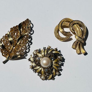 Vintage Monet Brooch Lot, Faux Pearl, Cubic Zirconia, Gold Plate 3 Brooches/Pins