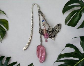 Enchanting Silver Hook Bookmark with Metal Moth Pendant and Pink Crystal Accent