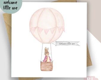 Pink Peter rabbit new baby girl card, new baby, baby girl, new baby card, congratulations new baby girl, welcome little one, welcome baby