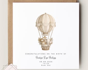 Personalised hot air balloon new baby card, personalised card, congratulations new baby, new baby boy card, new baby boy, custom card