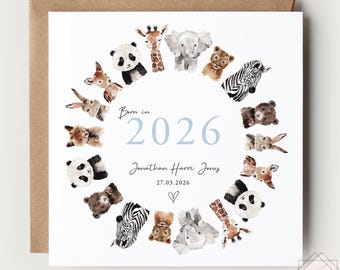 Personalised safari New Baby boy/girl Greeting Card, newborn, new baby boy, new son, baby boy, custom cards, born in 2024, giraffe, fox