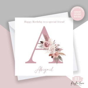 Personalised Initial Birthday Card, Boho floral birthday card, Mum Birthday Card, Card for Her, Monogram Card, unique gold birthday card,