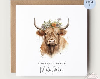 Welsh personalised birthday card, highland cow, penblwydd hapus, welsh greeting card, mamgu, ffrind gorau, penblwydd chwaer, welsh cards