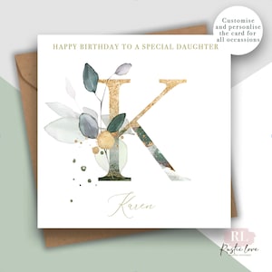 Personalised Initial Birthday Card, Eucalyptus birthday card, Mum Birthday Card, Card for Her, Monogram Card, unique gold birthday card,