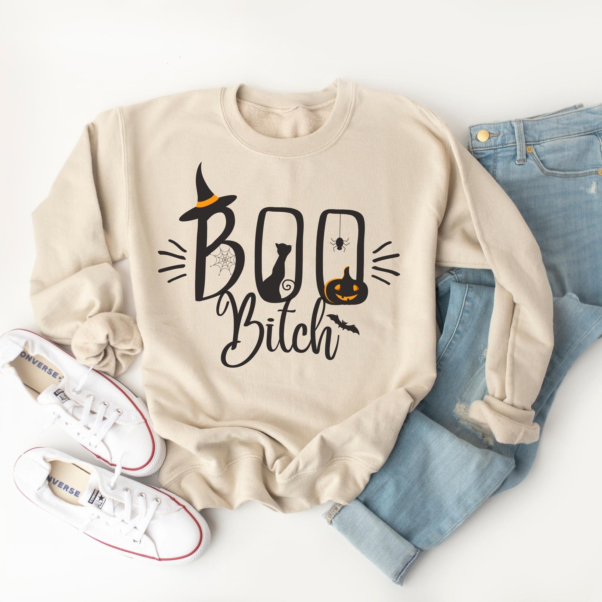 Discover Funny Halloween Sweatshirt Boo Bitch Cute Halloween Crewneck Halloween Gift