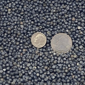 May include: Close-up of a pile of small, dark gray, rounded pellets. A U.S. dime and quarter are placed on top of the pellets for size comparison. The pellets have a slightly metallic sheen.