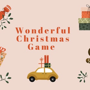 Puede incluir: Una ilustración festiva con el texto "Wonderful Christmas Game" en rojo. La imagen presenta un coche amarillo con regalos en la parte superior, un hombre de jengibre, una pila de regalos envueltos, un cracker de Navidad rojo y blanco y ramitas de muérdago.