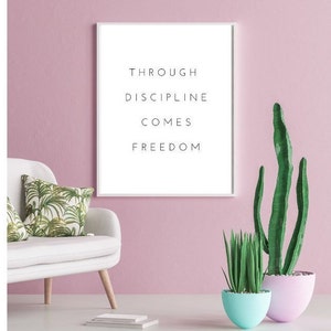 Pode incluir: Uma impress&atilde;o emoldurada branca com o texto "Through Discipline Comes Freedom" pendurada em uma parede rosa. A impress&atilde;o &eacute; cercada por um sof&aacute; branco, uma planta verde e um cacto.