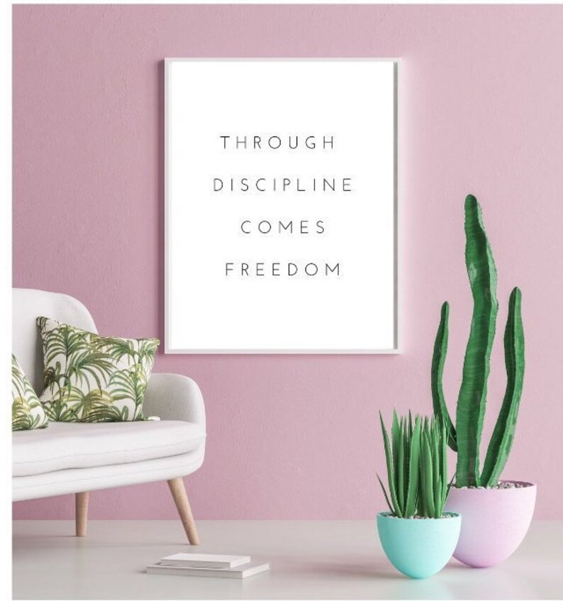 Pode incluir: Uma impress&atilde;o emoldurada branca com o texto "Through Discipline Comes Freedom" pendurada em uma parede rosa. A impress&atilde;o &eacute; cercada por um sof&aacute; branco, uma planta verde e um cacto.