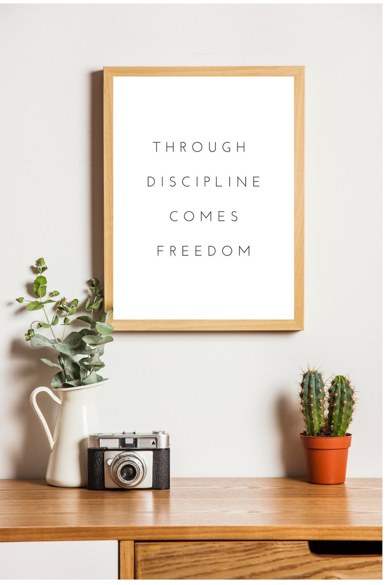 Pode incluir: Uma impress&atilde;o emoldurada com o texto "THROUGH DISCIPLINE COMES FREEDOM" em um fundo branco. A moldura &eacute; de madeira clara e a impress&atilde;o est&aacute; pendurada em uma parede branca. H&aacute; um cacto em vaso e uma c&acirc;mera vintage em uma mesa de madeira abaixo da impress&atilde;o.