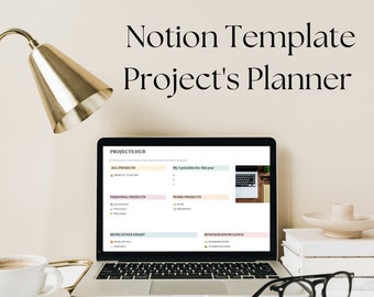 May include: A laptop computer displaying a Notion template for project planning. The template is divided into sections for all projects, personal projects, work projects, being super smart, and business knowledge. The laptop is on a white desk with a gold lamp, a cup of coffee, and a stack of books.
