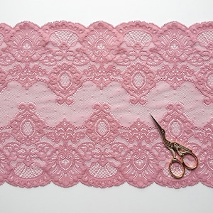 Pink Stretch Lace Trim Wide Elastic Sewing Lace, width 8.46 inch / 21.5 cm, SL0201012