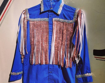 Long-sleeve button-up Western Rodeo royalty Barrel racing shirt red white and blue with stars and fringe