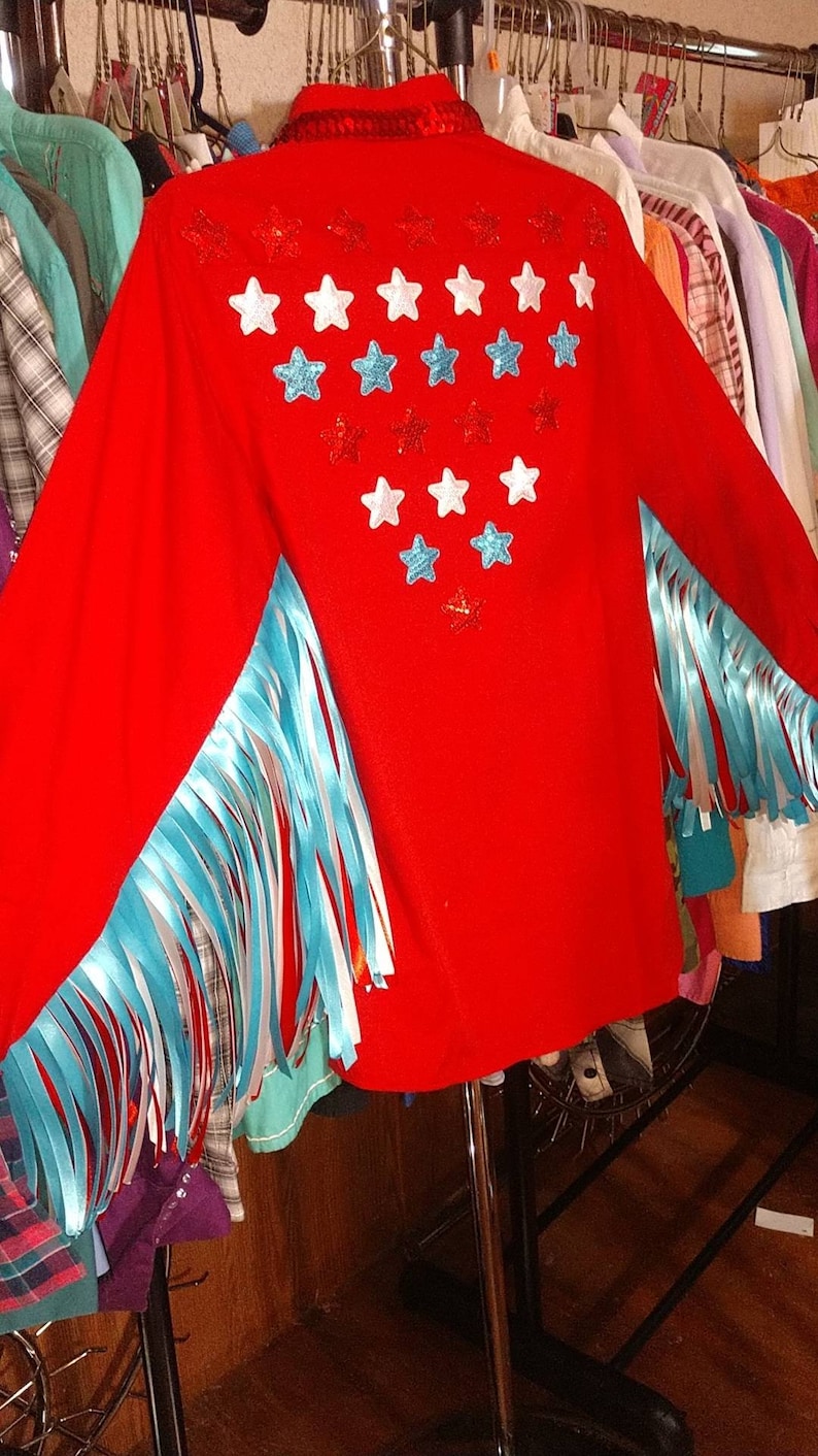 Long-sleeve button-up Western Rodeo royalty Barrel racing shirt red white and blue with stars and fringe