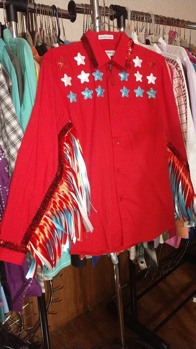 Long-sleeve button-up Western Rodeo royalty Barrel racing shirt red white and blue with stars and fringe