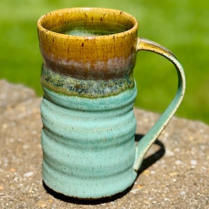 Tall Handmade Ceramic Pottery Mug Green and Antique Iron