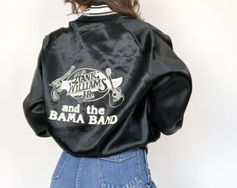 Johnny Cash Jacket Stadium Satin Bomber Jacket 80s Black Band Tour Jacket Embroidered Jacket 1980s Vintage Snap Up Large