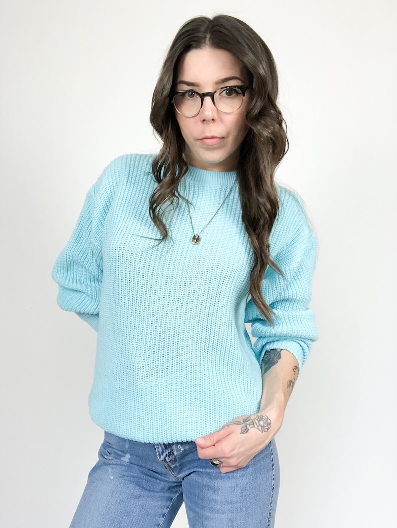 Vintage 80s Light Blue Knit Pullover Sweater