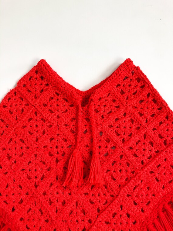 Vintage 70s Red Hand Knit Poncho - image 8