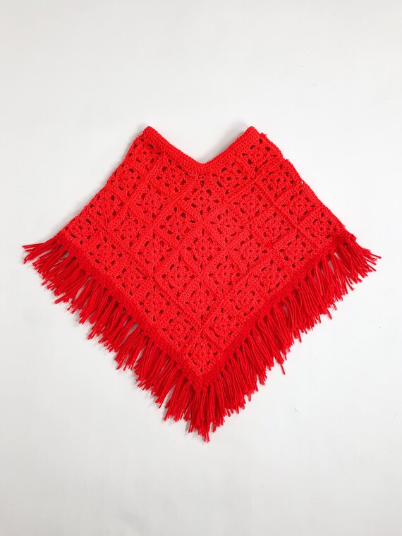 Vintage 70s Red Hand Knit Poncho - image 7