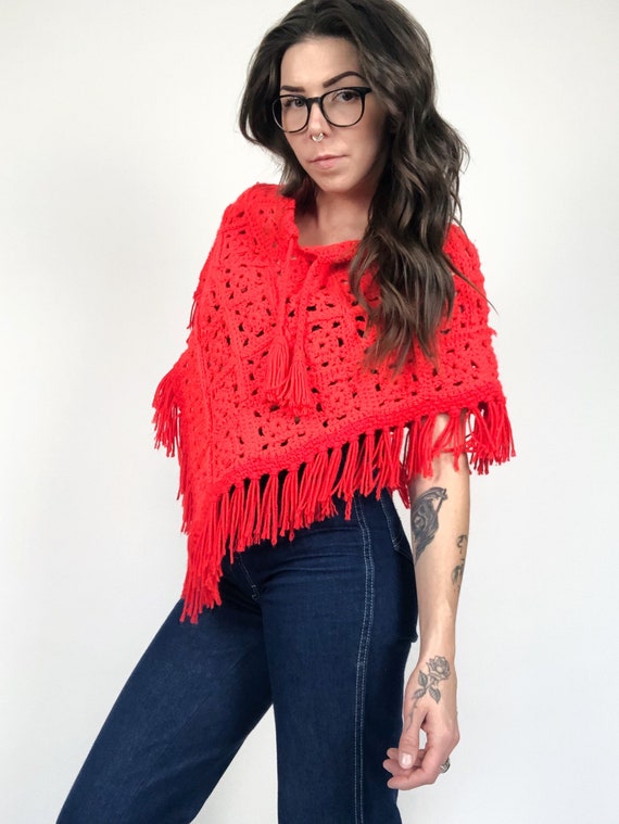 Vintage 70s Red Hand Knit Poncho - image 1