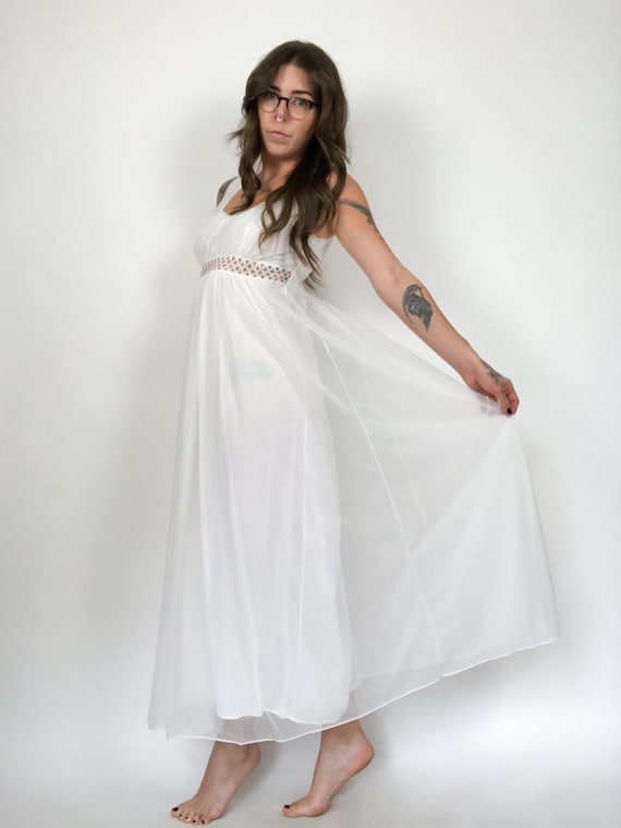 Vintage 80s White Chiffon Nightgown with Cutouts
