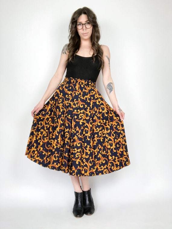 Vintage 90s Navy Baroque Pattern Pleated Skirt - image 5