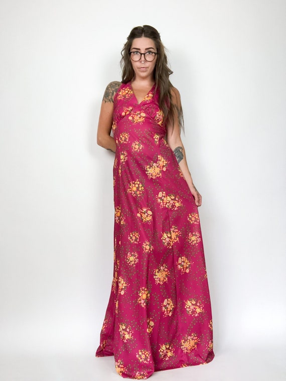 Vintage 70s Joyce Palmer Pink Floral Maxi Dress