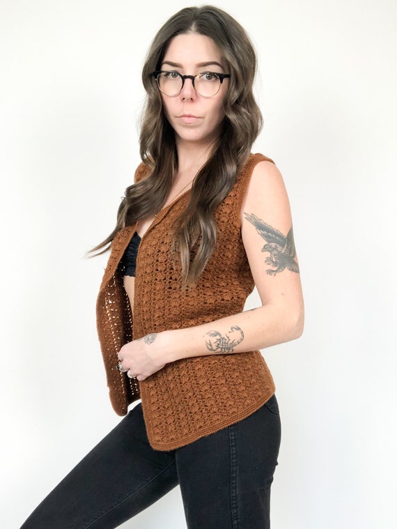 Vintage 70s Hand Knit Wool Cardigan Vest - image 2