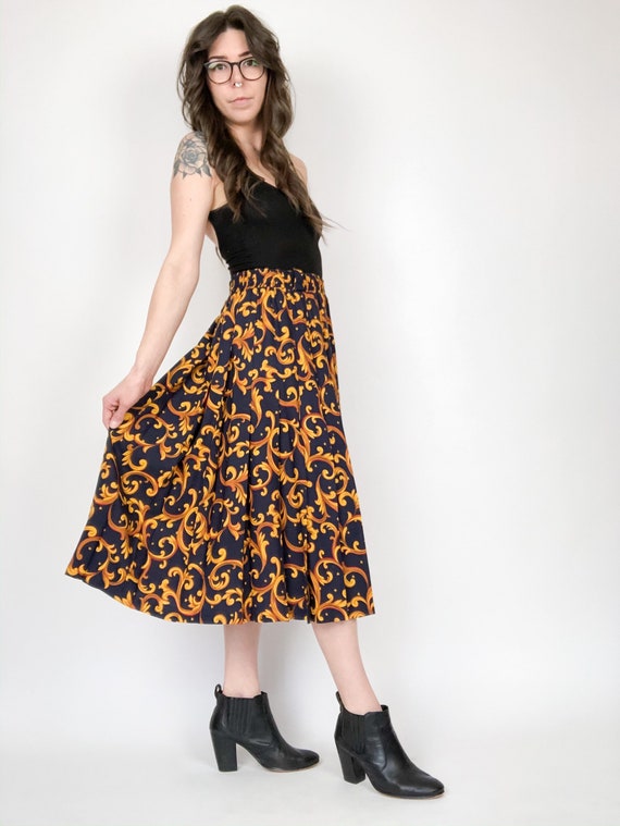 Vintage 90s Navy Baroque Pattern Pleated Skirt - image 1