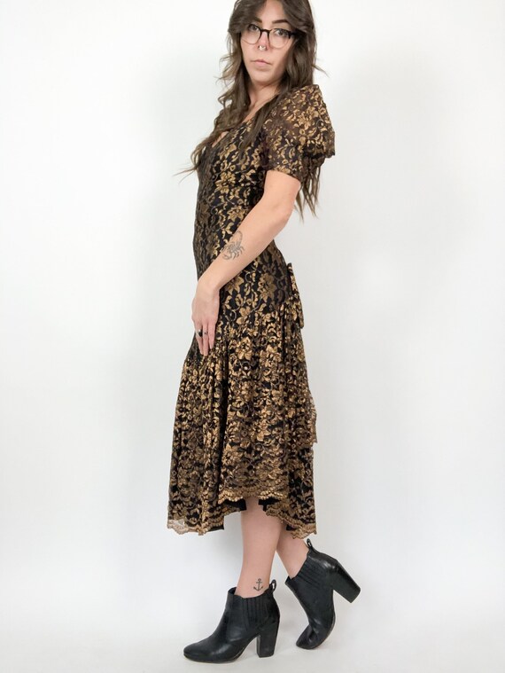 Vintage 80s Drop Waist Gold and Black Puff Sleeve