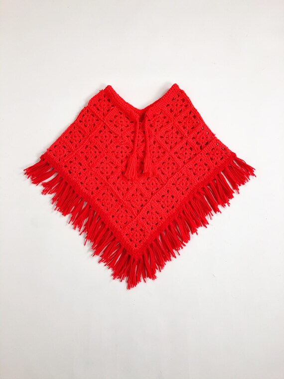 Vintage 70s Red Hand Knit Poncho - image 6