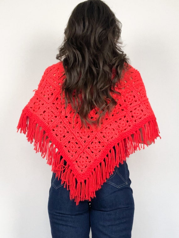 Vintage 70s Red Hand Knit Poncho - image 5