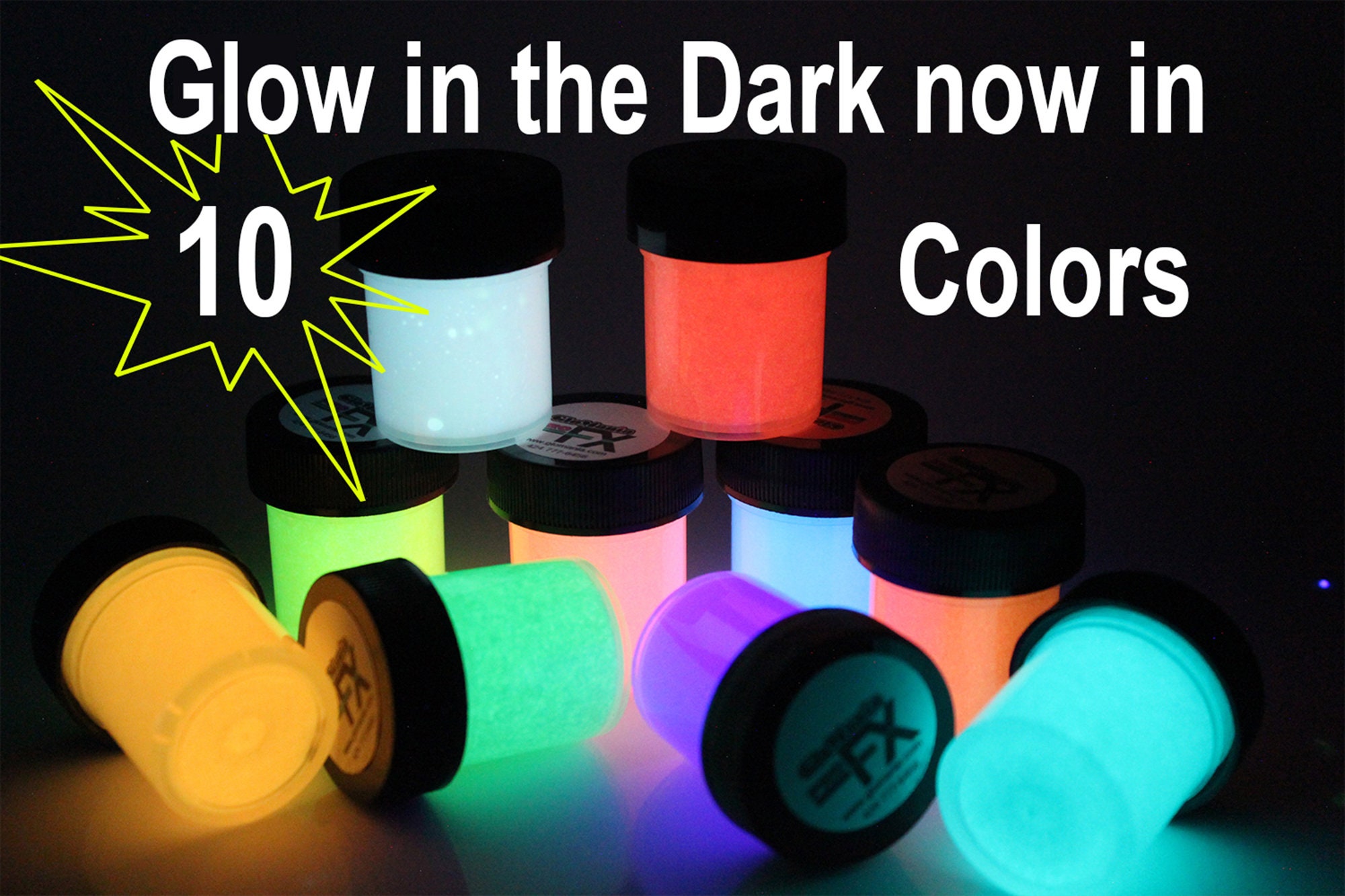 Glow in the Dark Paint 10 Color Visible Acrylic Sampler Set with FREE UV Black Light, pot of Medium Additive mix with Glow powder pigments