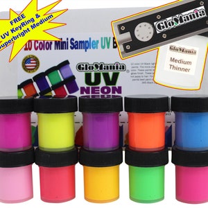 UV Black Light Neon Craft Sample Acrylic Paints 10 Color Set with FREE Keyring and Extra medium