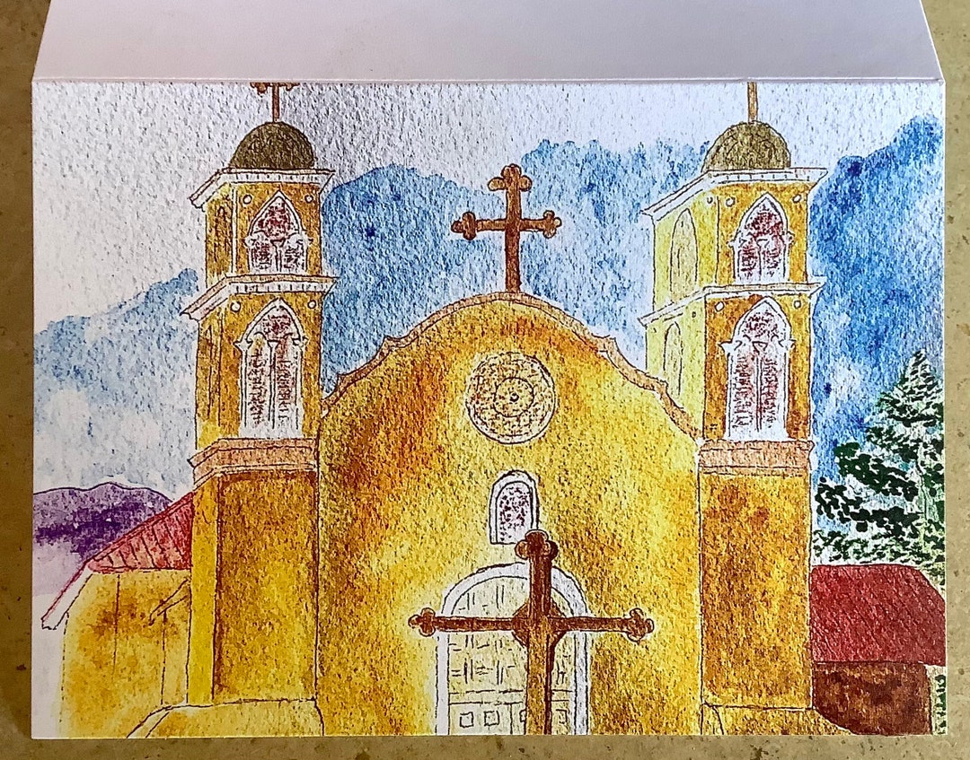 Blank Folded Notecard Watercolor. Old San Miguel Mission Church