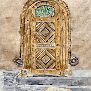 Vieille porte en bois, carte de correspondance pliée vierge, 5 x 7, aquarelle