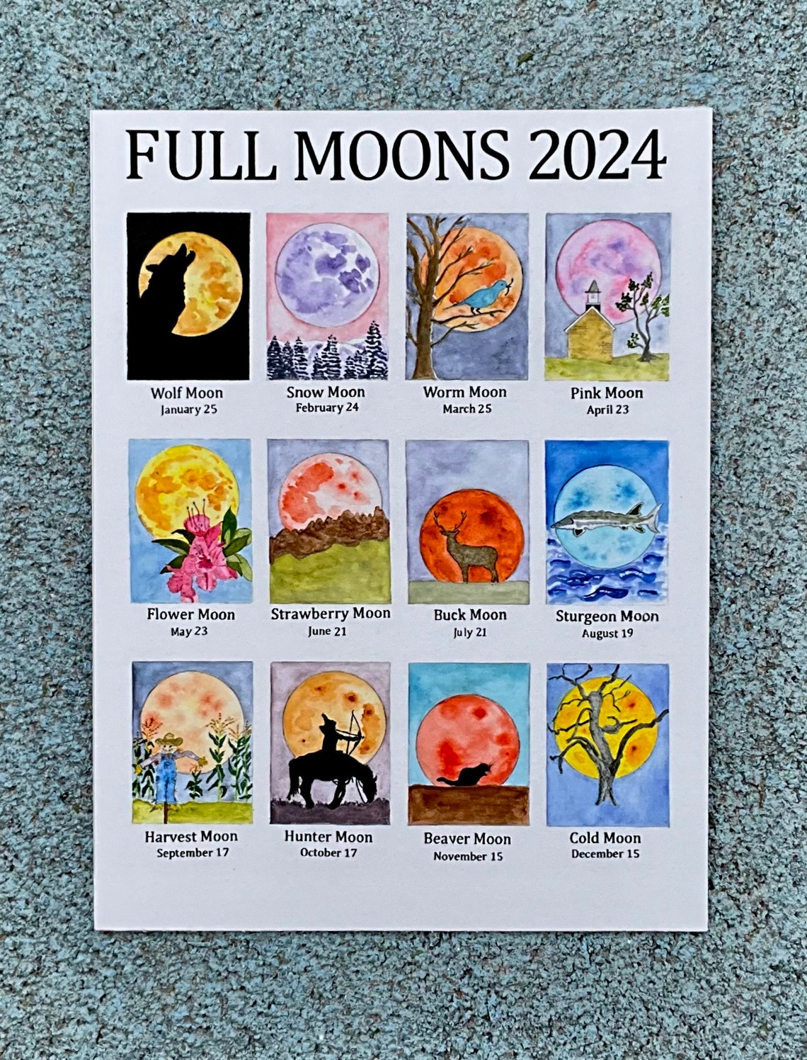 Full Moon Schedule 2024, Watercolor, Print Etsy