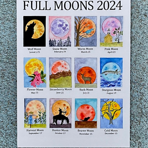 Full Moon Schedule 2024, Watercolor, Print